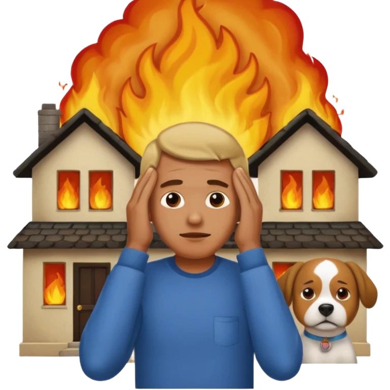 a man stands with his hands on his head, a house on fire behind him, with a pet dog beside him, apple style emoji emoji