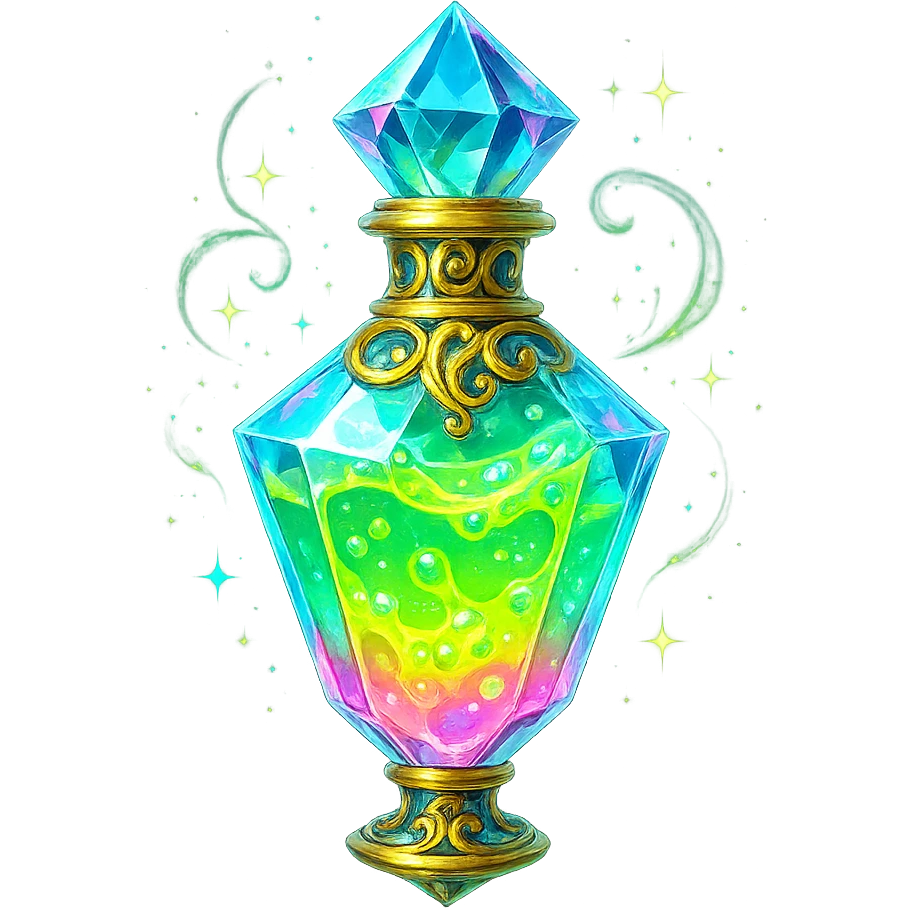 very luxurious crystal liquid glowing slime style elixir bottle, bright colors, lots of shine, edges, ornaments, golden details, magical effects, very small golden neck, transparent background, beautiful seamless bottom, bottle clearly floating in air, no base or shadow, premium class, playful, matching collection emoji