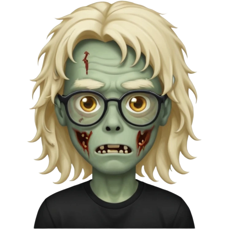 A zombie boy with long, wavy, falling hair, non-oval glasses, and a black t-shirt. emoji