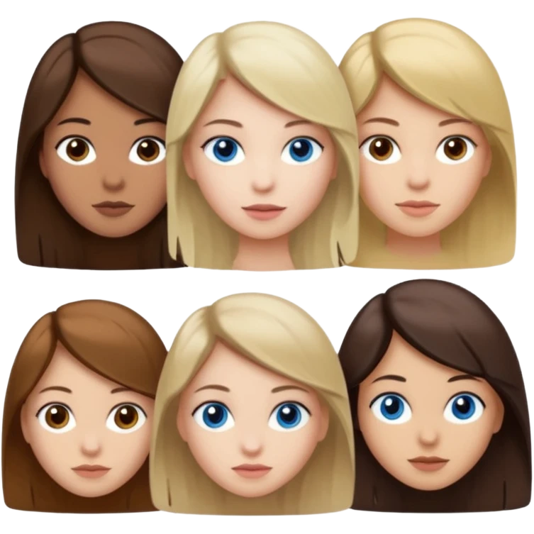 a group of 3 people where two are in the back one in the front -
1. Girl has white skin, brown hair, brown eyes
2. Girl has white skin, dirty blonde hair, blue eyes
3. Girl has tan skin, dark brown hair, dark brown eyes emoji