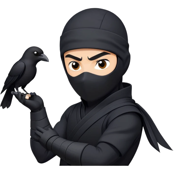 clash-of-clans-aesthetic_-cinematic-mysterious-male-ninja-portrait-emoji, rendered in a flat, vector-style with minimal shading and bold, simplified shapes, with a head slightly turned revealing intense, focused eyes. the ninja has his arm out and perched on top of his forarm is  a black crow emoji