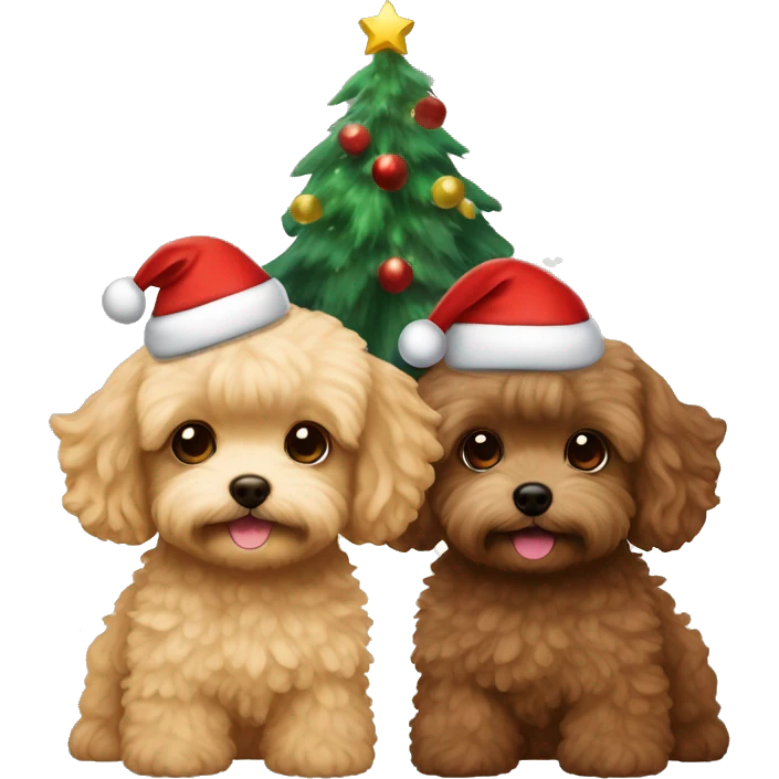 Brown, beige colored Maltipoo with Christmas hat and Christmas tree Christmas lights and a brown haired boy and blond long haired girl in the background  emoji