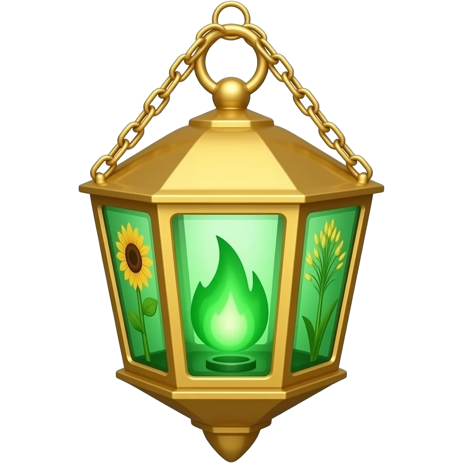 A golden hanging lantern with a bright emerald flames, an empty loop on top, sunflower & asphodel themed design, but simple focus more on the green flames, paint the glass more green, have its bottom point come to some sort of point emoji