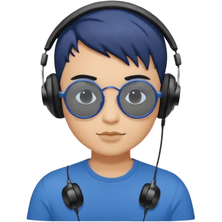 Light Brown Skin Dark Blue Haired Gray Eyes Circle Shaped Shades Black Colored Squareded Ears Headphones Short Haired Black Lips Blue Shirt  emoji
