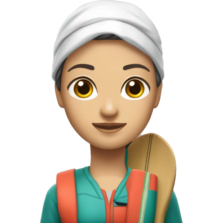SUP women con pelo lacio cobrizo, piel blanca, tabñla blanca qe diga rio en verde agua  emoji