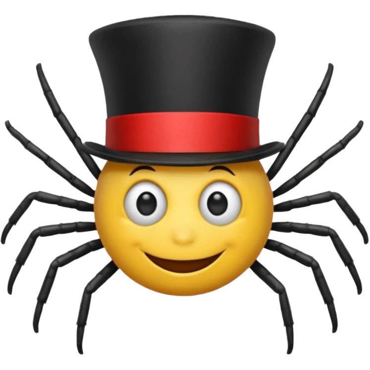 Make a yellow smile face emoji with a red top hat and a spider on one of the eyes emoji