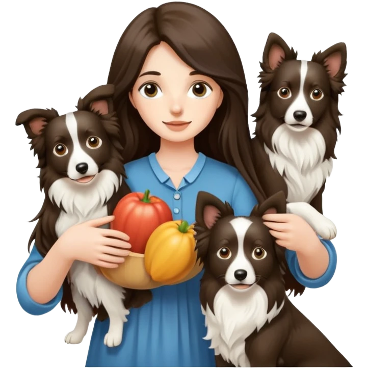 A long-haired girl holding two Border Collies emoji