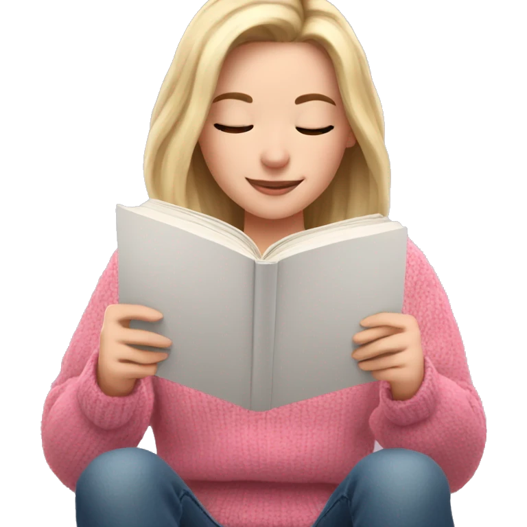 Pretty white girl with pink sweater reading cozy emoji