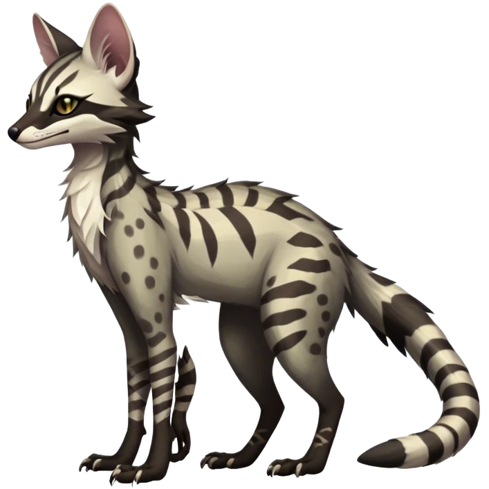 Feral Rare Fantasy dark tropical Vernid-Sergal-Genet-Trico-species by LiLaiRa, random markings, tufted tail, tufted ears, full body emoji
