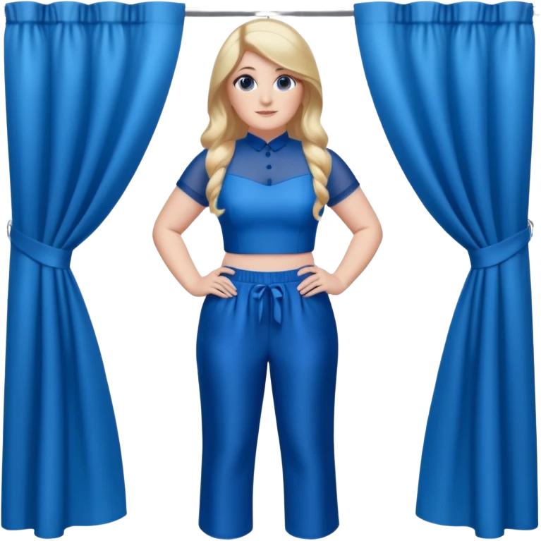 Meghan Trainor dressed in blue crop and blue silk pants standing in front of blue curtain  emoji