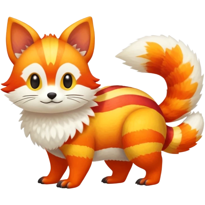lush warm-colored Fakémon-Trico-creature (full body) with white cheek markings, white-striped tail emoji