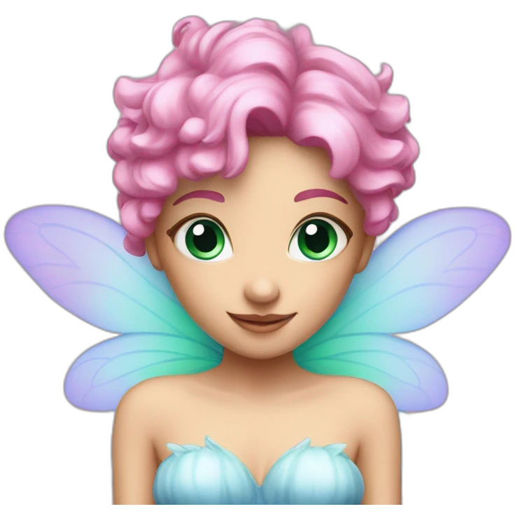 a fairy with green wings, pink hair and blue eyes emoji