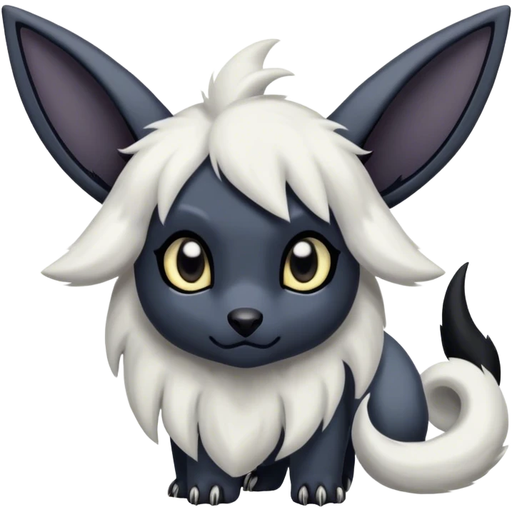 Absol-Umbreon, long thick black ears, no Scapha, black long tail, black eyes, white fur, black claws, cute big eyes, adorable emoji