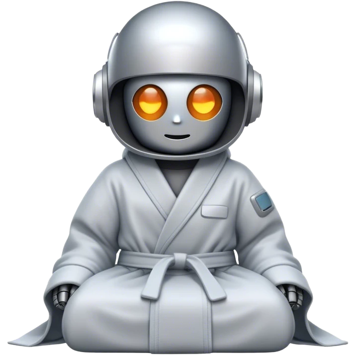 An emoji of a remote-working robot, sitting comfortably wrapped in a cozy bathrobe. The robot's head resembles a sleek, futuristic helmet with a smooth, reflective surface. Its eyes are not human-like but rather glowing digital slits or circular LED indicators. emoji