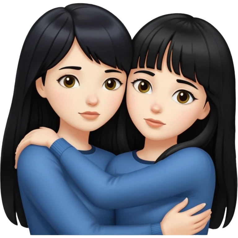 two white girls with long black hair hugging each other, one with bangs emoji