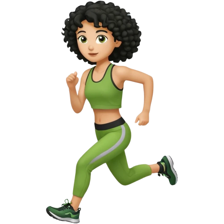 a woman with olive skin tone and curly black hair wearing green and jogging emoji