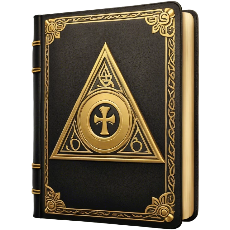 A black and gold book with an aged leather texture, embossed with an alchemical symbol, a compass, or a forging hammer, exuding wisdom, mastery, and the relentless pursuit of greatness. - book on mastery ... silhouette of a triangle  emoji