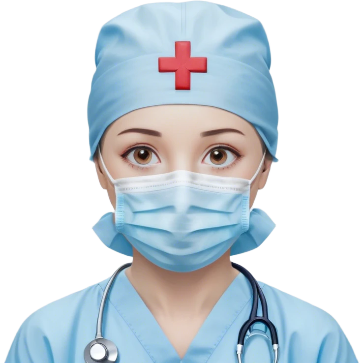 "A minimalistic bust of a surgeon wearing a light blue surgical cap and mask, covering the lower half of the face. The eyes are simple yet expressive, conveying focus and professionalism. The figure is dressed in a smooth, clean surgical gown with a small red cross emblem on the chest. A thin, simplified stethoscope drapes around the neck. The background features a subtle, abstract medical symbol like a heartbeat line or a small scalpel icon. The design is sleek and modern, with smooth lines and soft shading, following a minimalist emoji style emoji