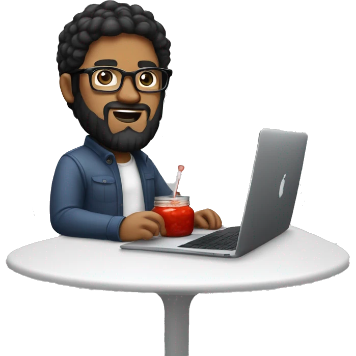Designer with black hair, white skin, beard and glasses working with MacBook and ketchup emoji
