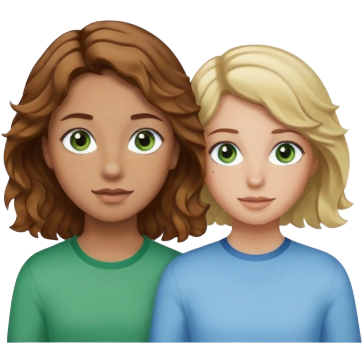 À girl with wavy brown hair, light tan skin and green eyes and freckles next to a girl with short blonde wavy hair, tan skin and light blue eyes emoji