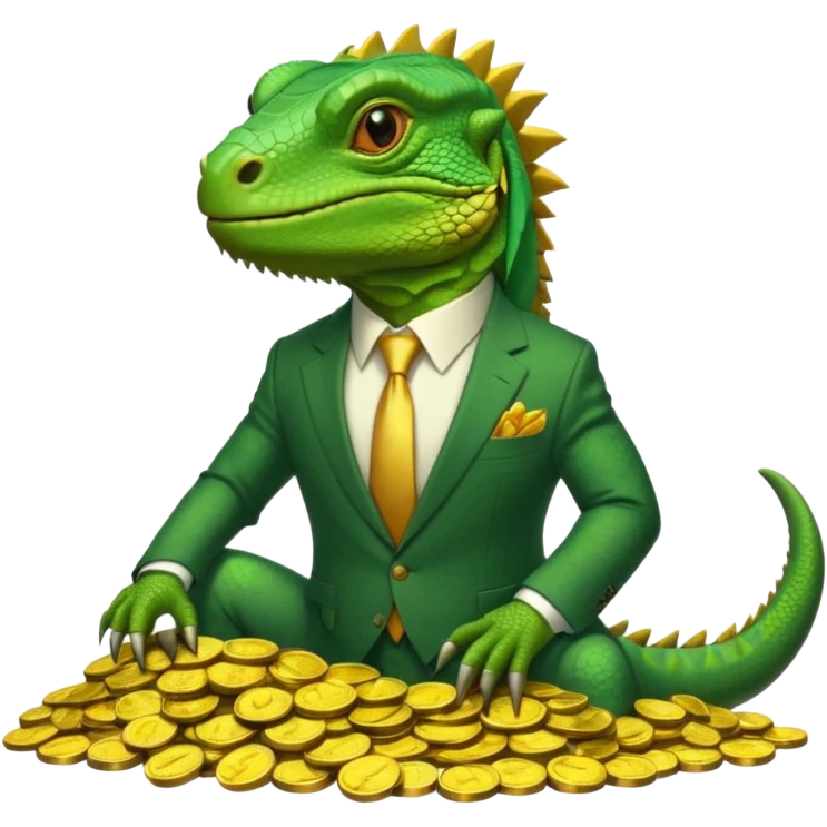 capitalist iguana in suit lying resting on coins emoji