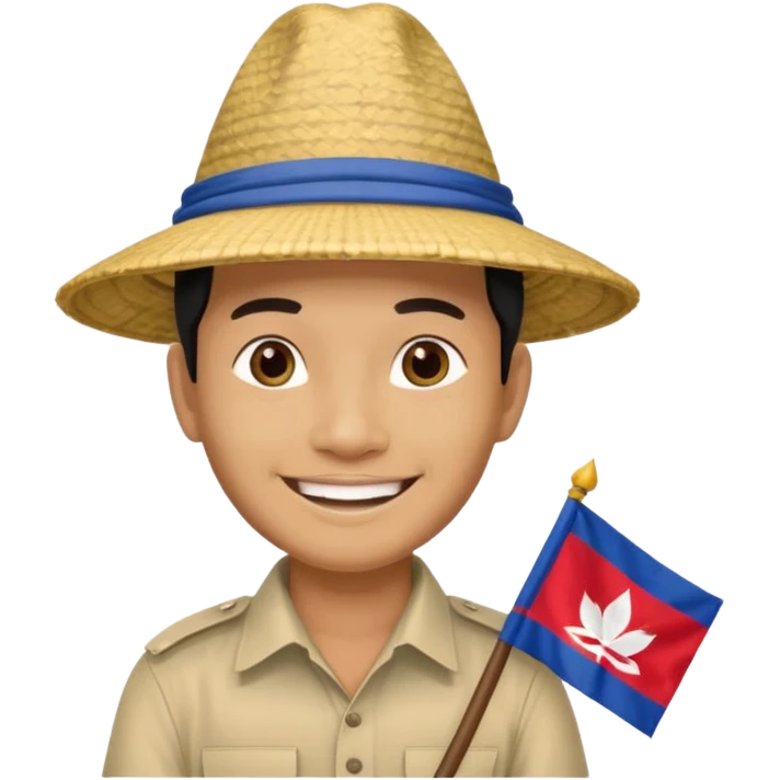 Cambodian man Tourist Guide with small cambodian flag in hand and traditional cambodian hat emoji