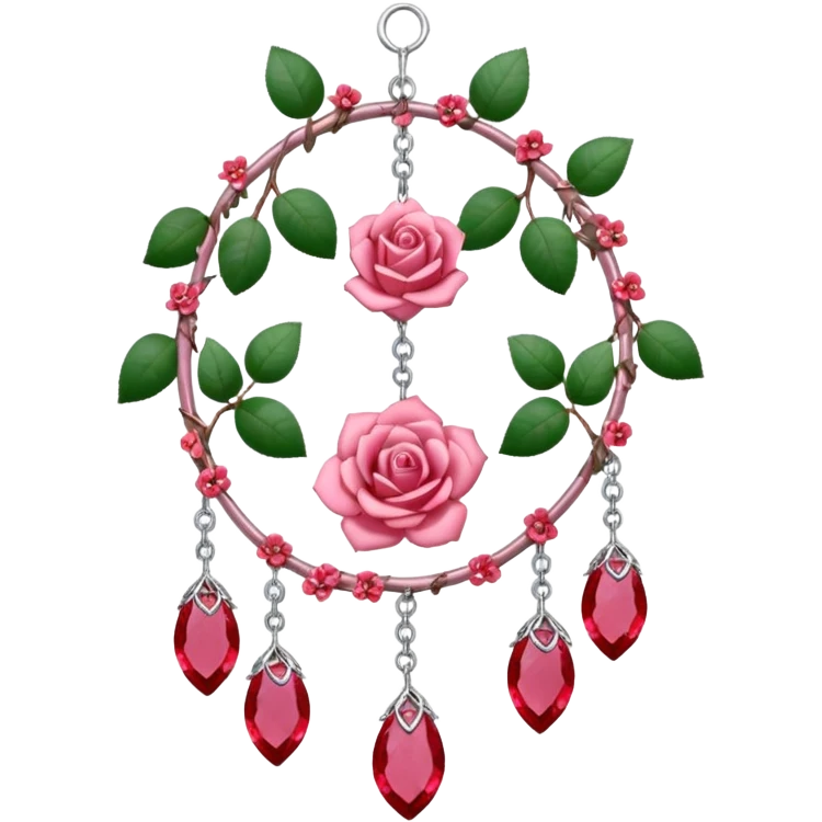 Rose-pink-metal-chained rose-quartz-crystallic romantic delicate fine pretty suncatcher  with tiny red roses, silvery vines, tiny quartz crystals, emoji