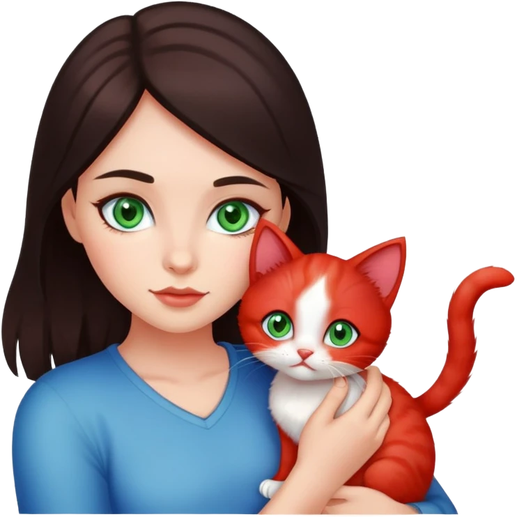 A girl with dark hair and green eyes is holding a red kitten with blue eyes emoji
