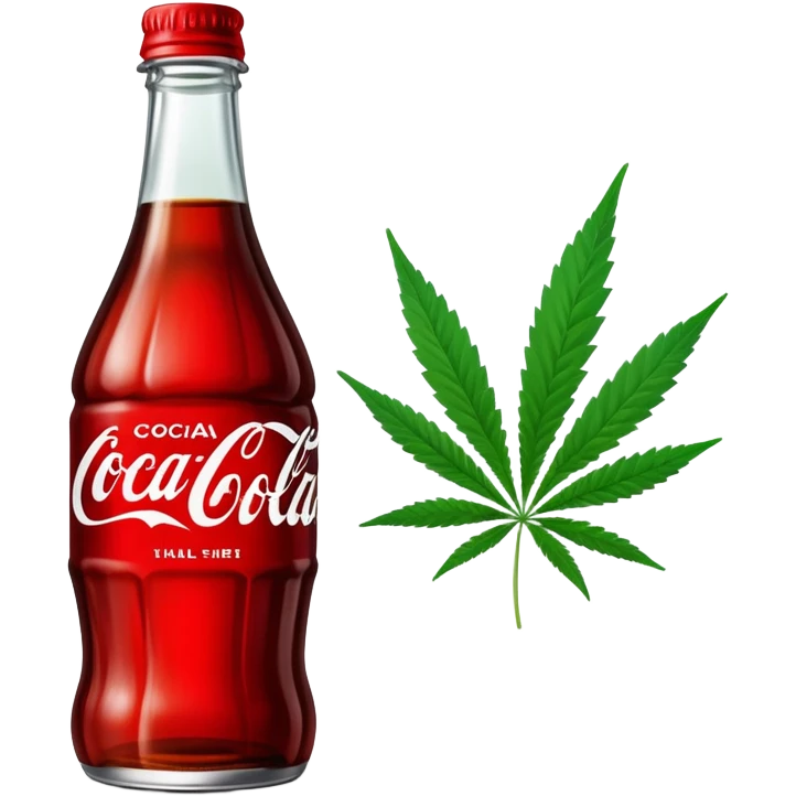 Curved red glass bottle similar to Coca-Cola style with a green cannabis leaf printed on it and a label emoji
