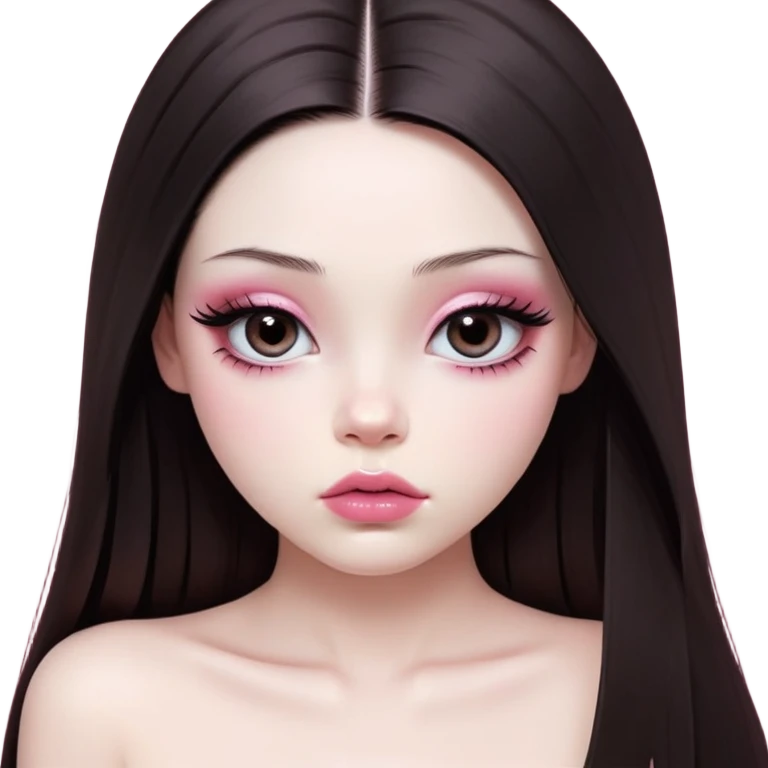 girl with white skin, dark brown long realistic straight hair with middle part prominently falling in front of her body over her shoulders, very big pouty extremely glossy ultra-shiny lips with nude reddish-pink lip gloss and absolutely no cupid's bow, big round eyes with very black shiny eyeballs and huge eyelashes, no eyeshadow, pink blush on cheeks, lighter button nose, exceptionally elongated very long oval-shaped face, wearing a pink off-shoulder top, looking directly at camera with hands down at sides emoji