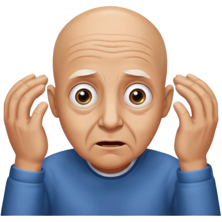 A bald person who’s very old is staring, he’s inside a toilet and his head is upright and looking at the camera with very wide eyes and his hands are putting pressure on his head, very scared expression and he’s twerking emoji