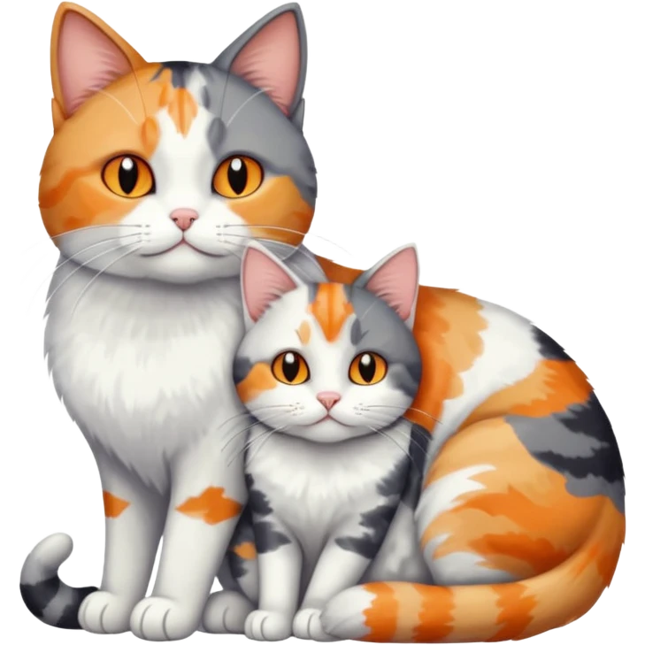 full body colourful light patched calico + white tabby cat cuddling a big grey and white cat  emoji