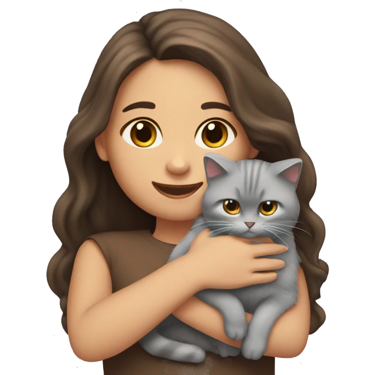 A girl with long brown hair and a grey fluffy cat is lying in her hands emoji