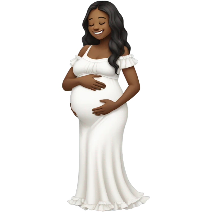 A pregnant girl with long dark hair in a white dress with ruffles looks at her pregnant belly, hugs it with her arms and smiles emoji