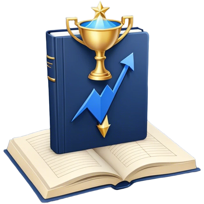 A navy blue productivity book with gold details, chart with upward trend aura, radiating productivity, strategy, and success in motion- emoji