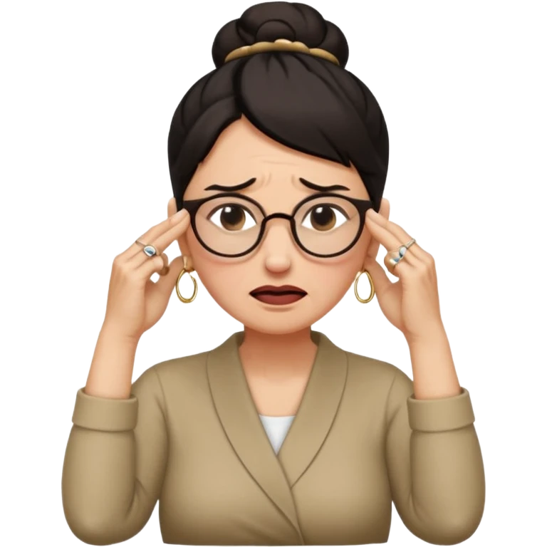  middle aged woman with dark hair pulled up in a high bun, wearing round ring earrings and glasses with a very painful expression on her face, eyes squeeed shut, wincing in pain,covering her ears with her hands, trying to not hear a terribly loud noise emoji