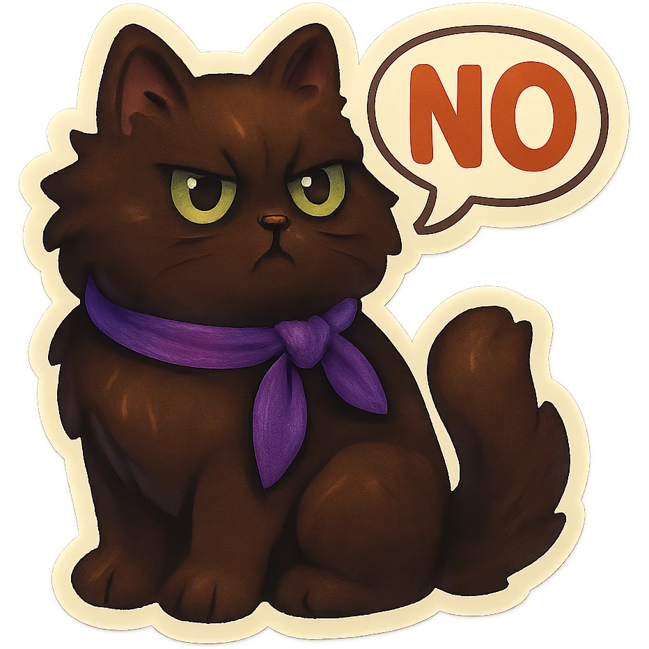 Fluffy dark-brown cat with green eyes and a purple scarf saying ‘NO’ (with a speech bubble) emoji