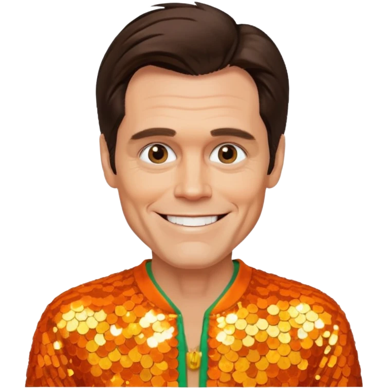 Jim Carrey with dark brown hair, orange sequin outfit emoji