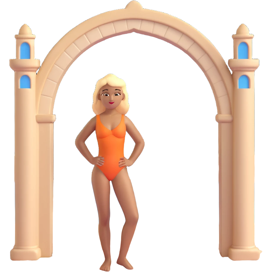 blonde woman with straight hair and light brown skin, with the three iconic Atalaia Beach arches in the background (Aracaju-SE, Brazil), middle arch taller with round tops, made of tiles emoji