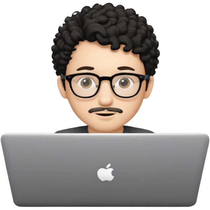 A young boy DEVELOPER WITH A laptop, black curly short hair, wearing glasses, a thin goatee, his skin is white emoji