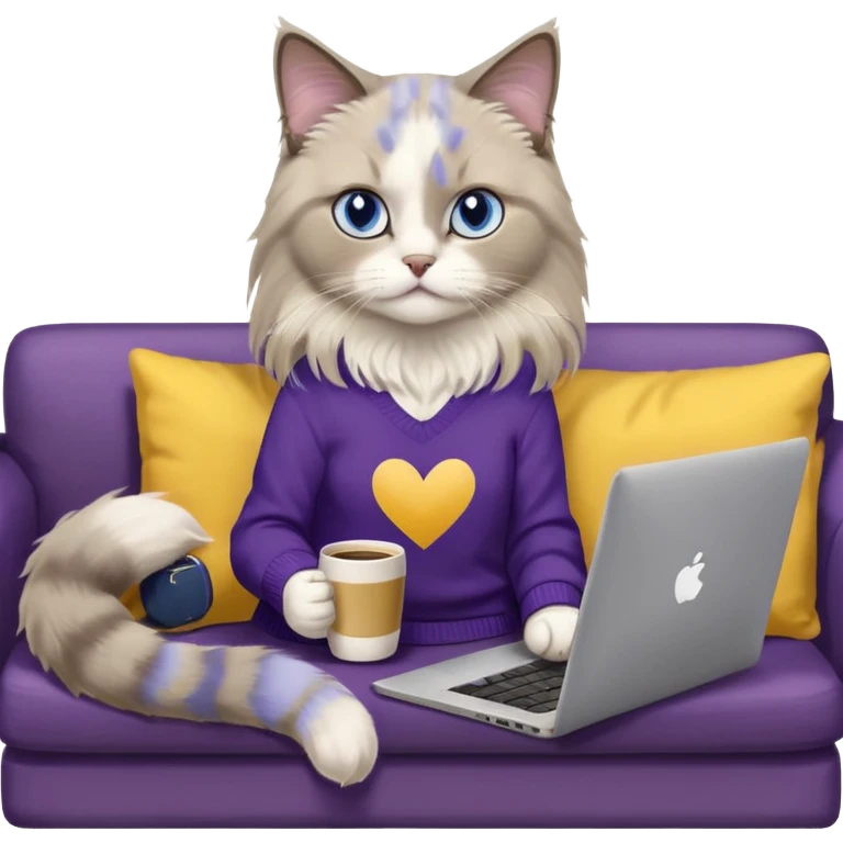 a cute blue eyed brown and white ragdoll cat with white paws and brown and beige tail wearing the dark violet sweater with yellow letteting "Milena" sitting on a grey sofa with grey laptop branded lettering "Lenovo" and drinking coffee emoji