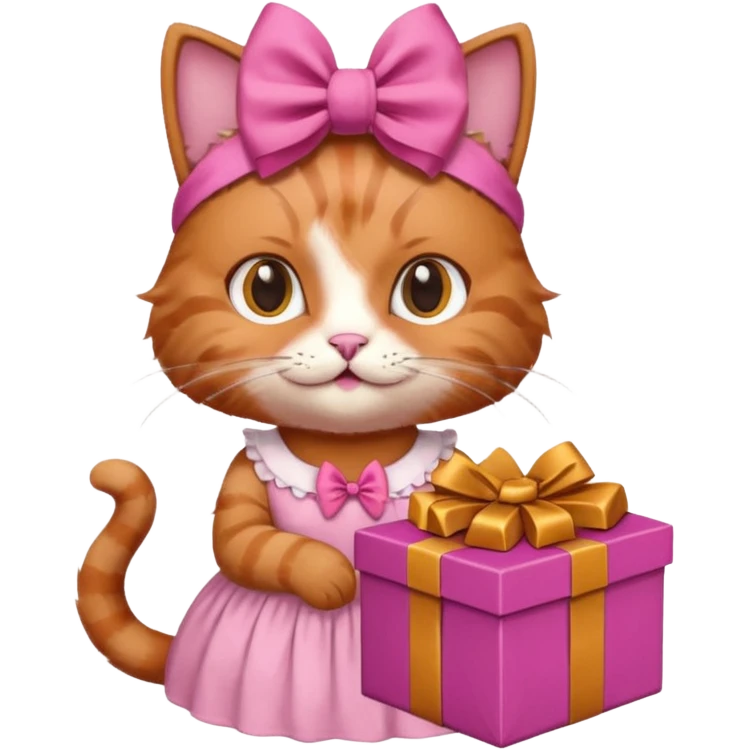 گربه ای سفسد نارنجی که جعبه شکلات دستشه لباسش صورتیه و پاپیون صورتی رو سرشه emoji