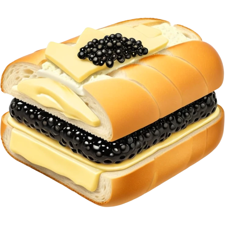 Apple style 3D emoji of a luxurious black caviar sandwich. A thick slice of fresh white baguette with a generous layer of creamy yellow butter, topped with a mountain of glistening, shiny black sturgeon caviar. premium aesthetic. emoji