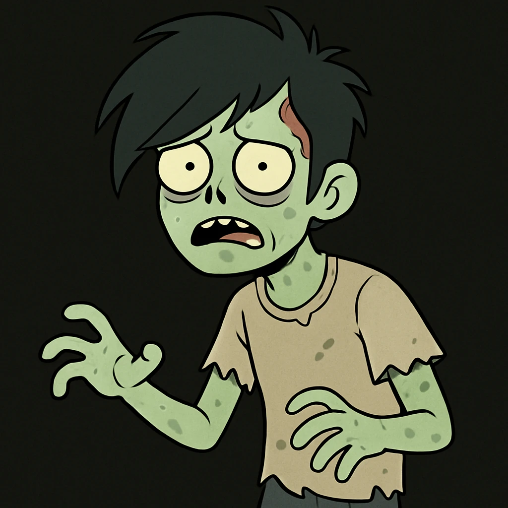 zombie boy with black emo hair on a black background, cartoon style emoji