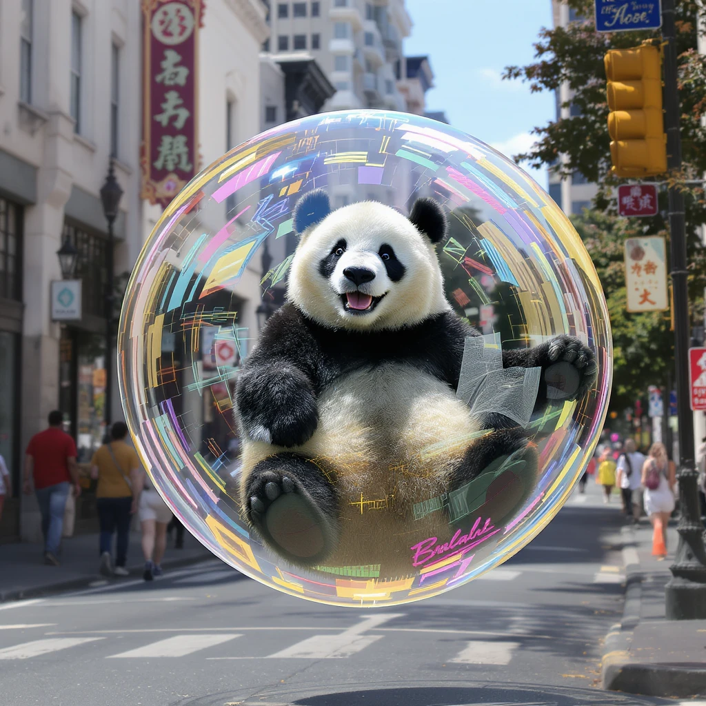 panda bear sitting in bubble flying around San Francisco downtown, sunny summer day, happy vibe emoji
