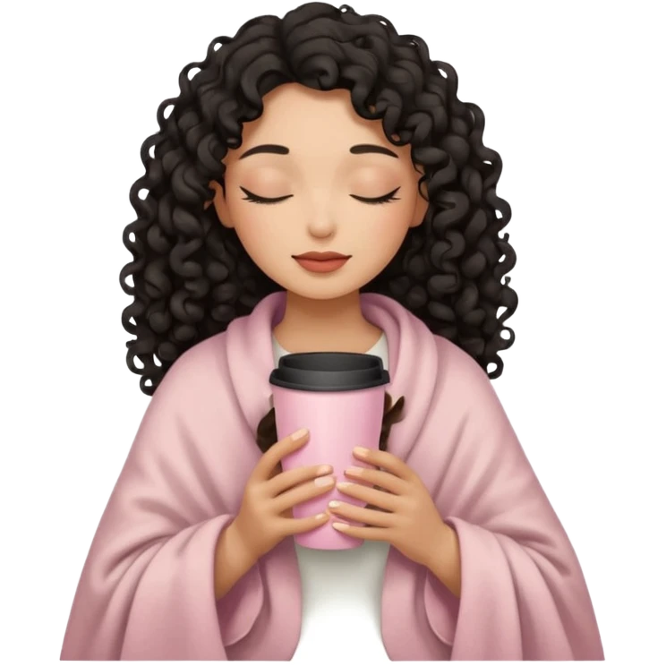 woman with medium sand tone, black long 3b curls, closed eyes, feminine face, holding soft pink coffee cup with beige blanket over shoulders emoji