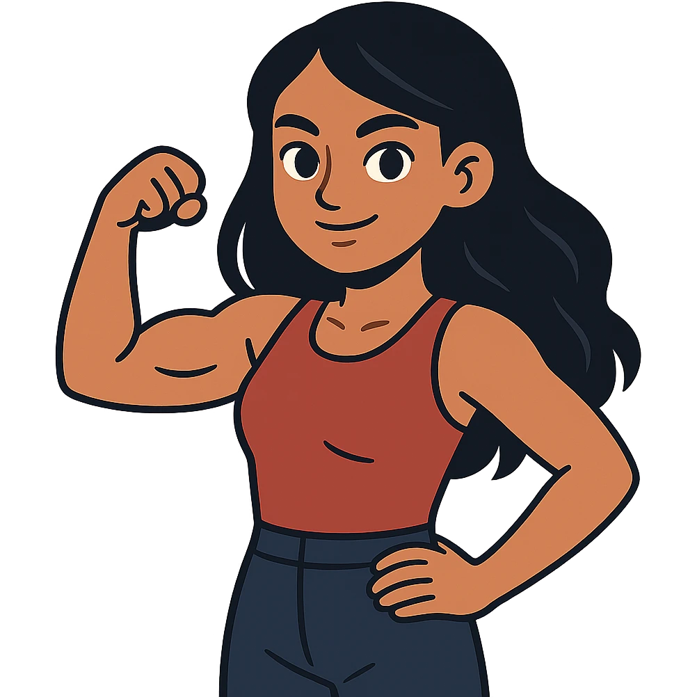 flat toon style strong girl with brown eyes, long slightly wavy black hair emoji