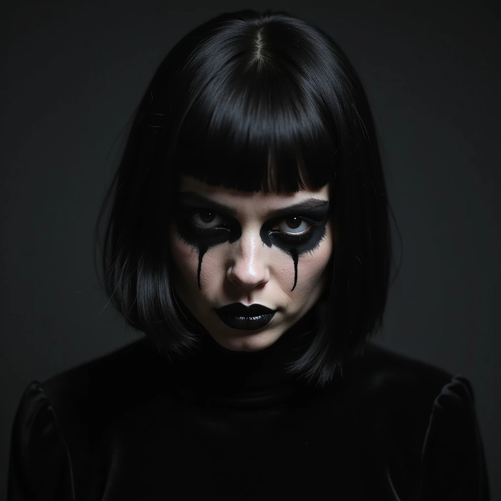 BLACKPINK inspired goth emoji, photorealistic style, black velvet, heavy black makeup, shadowy lighting, intense expression emoji