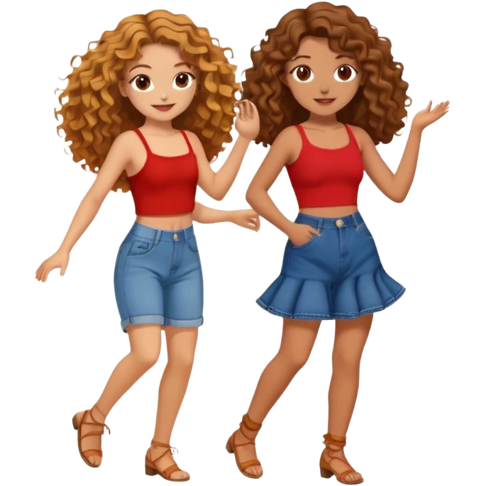 Two friends dancing, one with honey color hair, long and curly hair, brown eyes red crop top and baggy jeans and the other friend with brown with natural waves honey eyes and with a cute dress emoji
