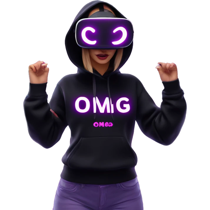 Russian girl wearing black hoody with violet letters "OMG", in vr headset oculus quest2. Dancing. Cyberpunk style. Violet neon. emoji